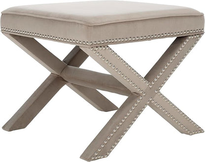 SAFAVIEH Home Collection Palmer Mushroom Taupe with Silver Nailhead Trim X-Bench Ottoman Foot Stool, Fully Assembled (MCR4589V)