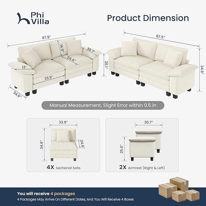 PHI VILLA Cloud Modular Couches Sets, 2 Pieces Sectional Loveseat Sofa Set, 4-Seater Comfy Couch for Living Room Small Spaces, Chenille Corduroy Dual Fabric, Beige