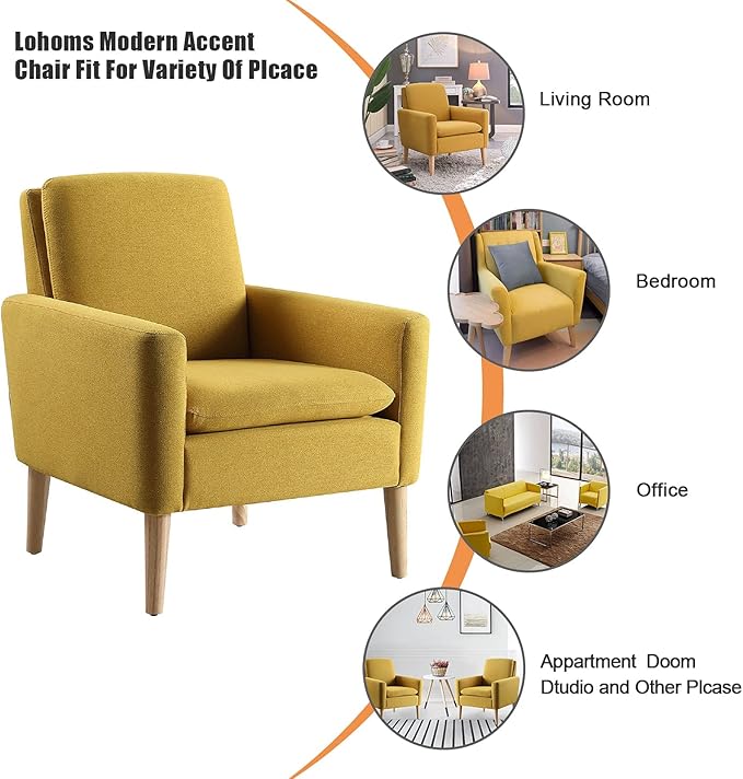 Lohoms Mid-Century Modern Accent Chair, Linen Fabric Upholstered Comfy Reading Leisure Chair for Living Room, Bedroom, Office, Waiting Room, Wood Legs, Mustard Yellow