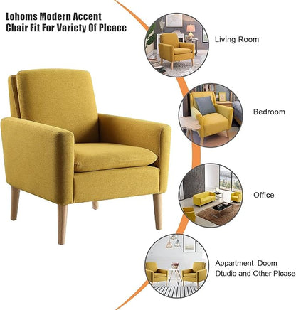 Lohoms Mid-Century Modern Accent Chair, Linen Fabric Upholstered Comfy Reading Leisure Chair for Living Room, Bedroom, Office, Waiting Room, Wood Legs, Mustard Yellow