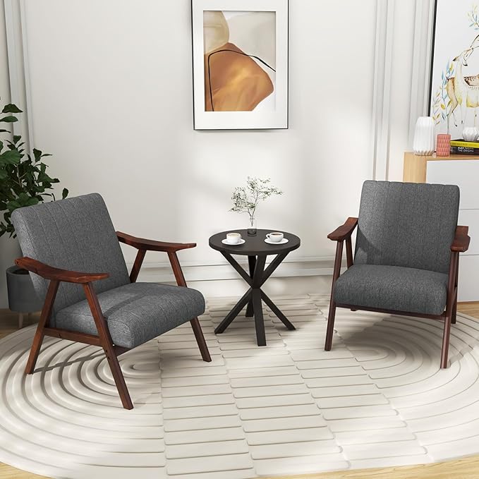 Giantex Mid-Century Modern Accent Chair, Upholstered Comfy Living Room Chair with Arms, Anti-Slip Felt Pads, Wooden Frame Soft Padded Armchair for Living Room Bedroom Office Study, Light Grey