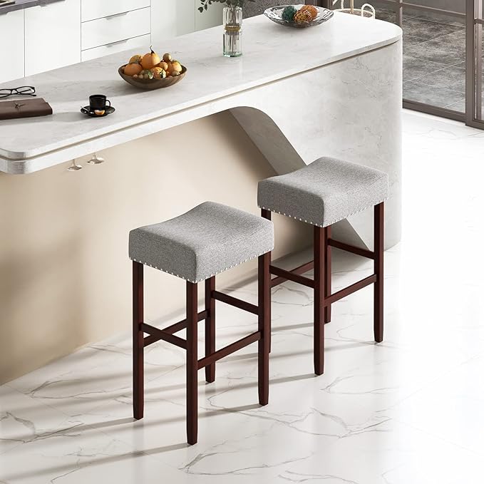 COSTWAY Counter Height Bar Stools Set of 4, 29.5-inch Backless Saddle Stools with Nailhead Trim, Rubber Wood Frame, Footrest, Max Load 330 Lbs, Upholstered Barstools for Kitchen Island Pub, Grey