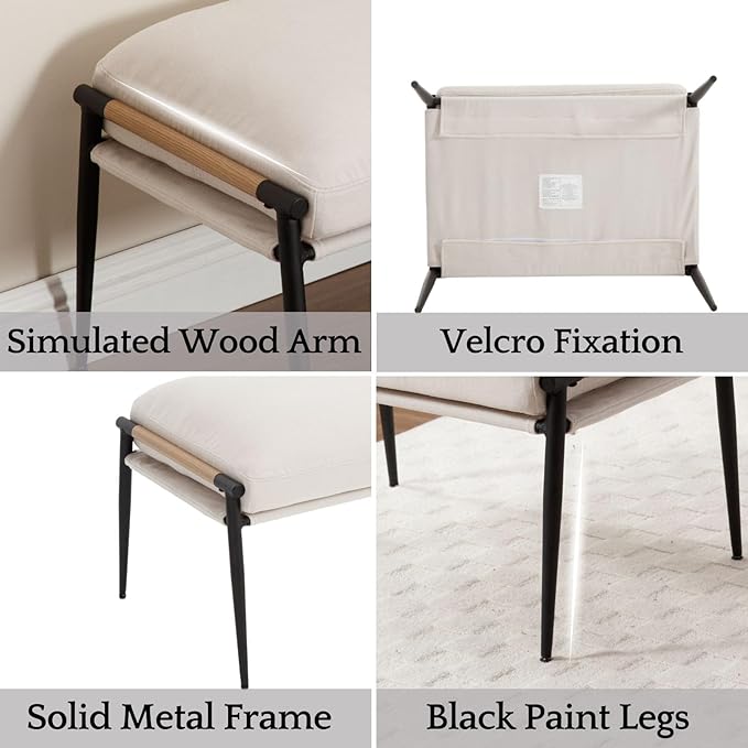 LukeAlon Upholstered Chenille Footstool, Modern Ottoman Footrest Small Shoe Stool with Black Metal Legs Mid Century Vanity Stool with Wooden Armrests for Living Room Entrance Cushion Removable, Beige