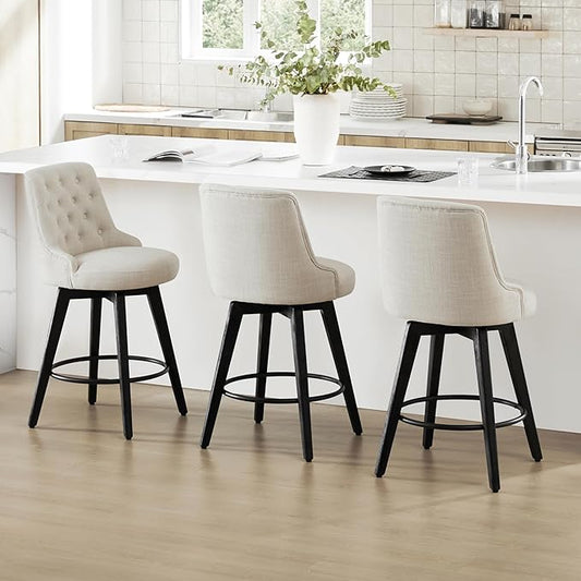Watson & Whitely Counter Height Bar Stools Set of 3, Performance Fabric Upholstered Modern Swivel Barstool with Back, Solid Wood Legs, 26" H Seat, Linen