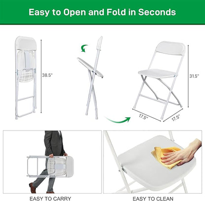 40 Pack White Plastic Folding Chairs, Portable Party Chairs, Stackable Commercial Seats with Steel Frame for Home Office Wedding Party Indoor Outdoor Events Chairs, 350lbs Capacity