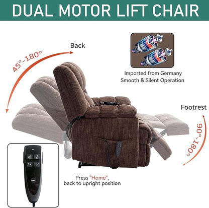 Power Lift Recliner Chair for Elderly, Oversized Chenille Electric Recliners Chairs for Living Room, Dual Motor 180° Lay Flat Recliner Big Sofa with Massage and Heating, Heavy-Duty, Brown