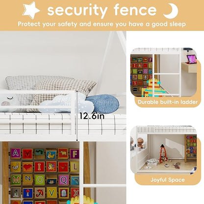 Bunk Bed Twin Over Twin, House Bunk Bed Frame with Ladder and Guardrail, House Shaped Bunk Bed Frame with Metal Slats for Girls Boys, Space Saving, No Box Spring Needed (White)