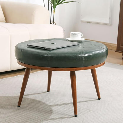 Round Ottoman Coffee Table, 24-Inch Faux Leather Cushioned Footstool with Solid Wood Bookshelf & Frame, Multifunctional Storage Ottoman for Living Room, Bedroom (Green)