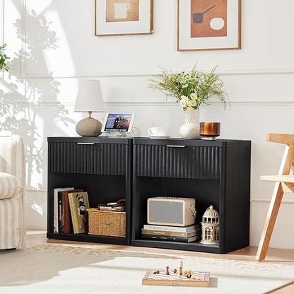 LEYAOYAO Fluted Nightstand with Charging Station, 23" Wide 1 Drawers End Table,Black Night Stand with Open Storage Cabinet, Farmhouse Bed Side Tables, Wood Dresser for Bedroom, Living Room, Closet