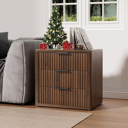 Night Stand with 3 Drawers, 23" Wide Modern Bedside Table with Large Storage, Fluted Bed Side End Table with Metal Handle, Tall Nightstand for Bedroom, Living Room, Office, Walnut, Set of 2