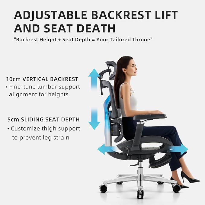 Ergonomic Home Office Desk Chair with Massage Lumbar Support，4D Headrest & 5D Armrests, Reclining Big and Tall 400LBS Mesh Chair with Footrest，Adjustable Back High and Seat Depth(Black)