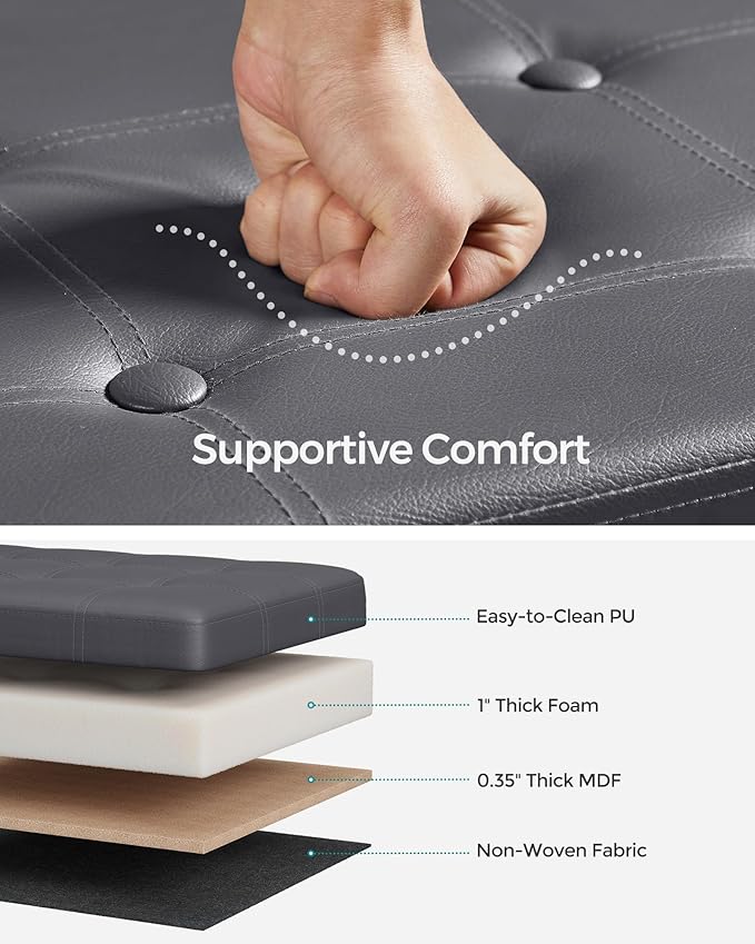 SONGMICS Mazie Collection - 43 Inches Folding Storage Ottoman Bench, Ottoman with Storage, Foot Rest Stool, Load 660 lb, for Living Room, Synthetic Leather, Dark Gray ULSF070G01