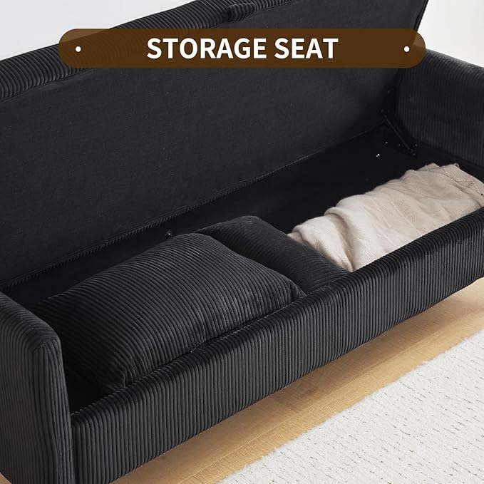 Furnimart 2-Seater Storage Loveseat for Small Spaces, 62“ Corduroy Couch with Removable Cushion Cover and Metal Leg for Bedroom, Apartment, Tiny Homes and Lofts, Black