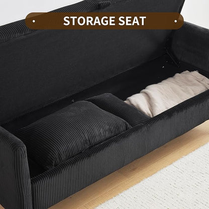 Furnimart 2-Seater Storage Loveseat for Small Spaces, 62“ Corduroy Couch with Removable Cushion Cover and Metal Leg for Bedroom, Apartment, Tiny Homes and Lofts, Black