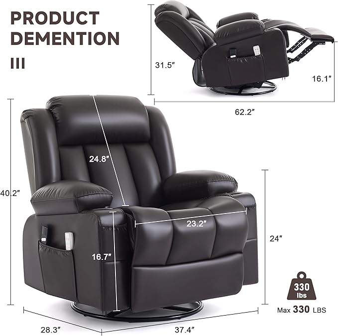 Power Swivel Rocker Recliner Chair with Heat and Massage, USB and Type-C Charging Port, Electric Glider Rocking Chairs, Oversized Recliner Chairs for Adults(Leather, Dark Brown)