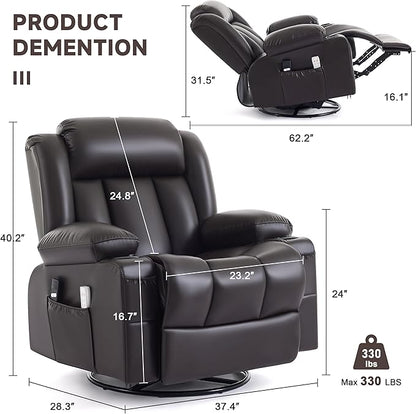 Power Swivel Rocker Recliner Chair with Heat and Massage, USB and Type-C Charging Port, Electric Glider Rocking Chairs, Oversized Recliner Chairs for Adults(Leather, Dark Brown)