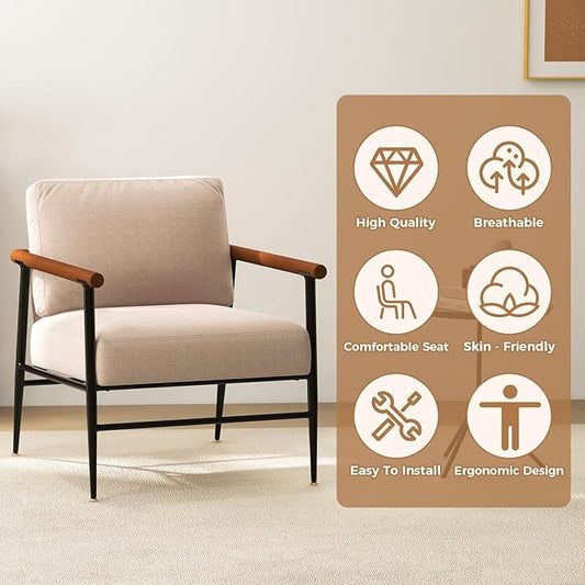 Accent Chairs Set of 2 Mid Century Modern Chair Linen Fabric Living Room Lounge Chair with with Overstuffed Back Pillow and Cushion Reading Side Chair Easy Assembly for Living Room, Bedroom, Belcony