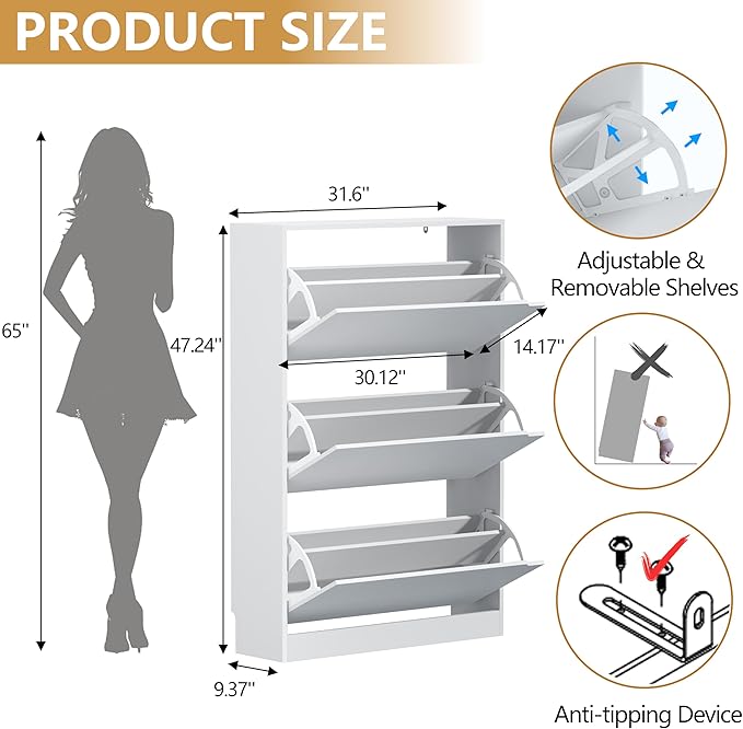 Shoe Storage Cabinet with 3 Flip Drawers, Slim Hidden Wood Shoe Cabinet Storage for Entryway, Freestanding Narrow Shoe Rack Organizer with Adjustable Shelves for Foyer, Hallway, White