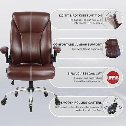 Big and Tall Office Chair for Heavy People, Executive Desk Computer Chair Adjustable Flip-up Armrests, PU Leather Swivel Task Chair with Ergonomic High Back and Lumbar Support（Brown