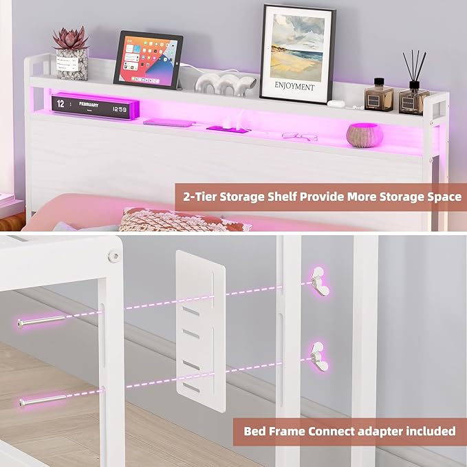Elephance Headboard for Full Size Bed Frame with 2 Tier Storage, with Outlets, USB and Type C Ports and LED Light, Height Adjustable, Platform Bed Headboard Only, Easy Assembly, White