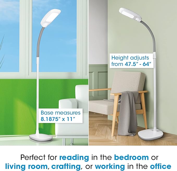 OttLite LED Floor Lamp Adjustable Height with ClearSun LED Technology - Touch Controls & 3 Brightness Settings, Natural Lighting - Craft Daylight Floor Lamp for Living Room, Bedroom, Dorms & Reading