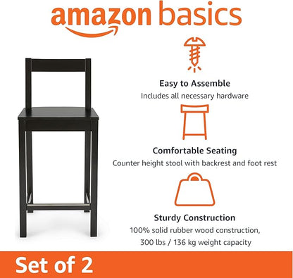 Amazon Basics Wooden Bar Stool with Backrest 24", Black, Set of 2