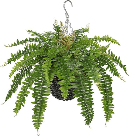 Hollyone 21" Artificial Boston Fern Hanging Basket 31 Leaves Fake Ferns in Rattan Pot Medium Greenery Plants for Outdoors & Indoor Faux Fern Bush Basket Plant Patio Garden Home Decor Green