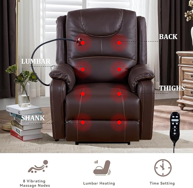 Zero Gravity Power Recliner Chairs for Adults 139°Single Sofa Chair Massage and Lumbar Heating with USB Port, Phone Holder, Side Pocket, Eco Leather(Brown)