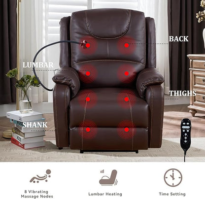 Zero Gravity Power Recliner Chairs for Adults 139°Single Sofa Chair Massage and Lumbar Heating with USB Port, Phone Holder, Side Pocket, Eco Leather(Brown)