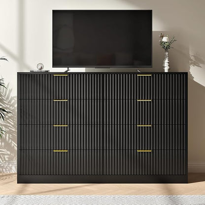 Black Dresser for Bedroom with 8 Drawer, 55” Wide Fluted Double Drawer Dresser Modern Chest of Drawers with Gold Handle, Wood TV Stand for Bedroom, Living Room, Black