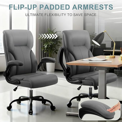 Executive Office Chair, High Back Ergonomic Comfy Desk Chair with Padded Flip-up Armrests and Wheels, PU Leather Heavy Duty Computer Swivel Rolling Task Chair for Home Office, Adults, Gray