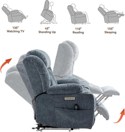 Power Lift Recliner Chair, 350lb Capacity with 8-Point Massage & Heating, USB/Type-C Ports & Cup Holders, Heavy Duty Chenille Recliner for Elderly, Blue Grey