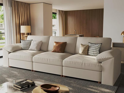 EASE MOOSE 3 Seater Deep Seat Sectional Sofa,Scratch Resistant Faux Leather Material, Oversized Modular Couch for Living Room,Modern Comfy Sofas for Small Spaces, Beige