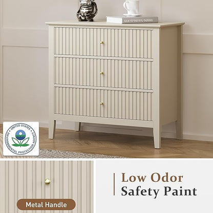 RoyalCraft Beige Fluted 3 Drawer Dresser, 32 inch Wide Dresser Nightstand for Bedroom, Modern Wood Chest of Drawers, Large Painted Nightstand with 3 Drawers for Closet, Hallway, Entryway