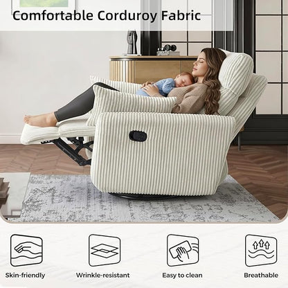 Swivel Recliner Chair for Adults, Corduroy Nursery Glider Rocking Chair, Armchair with 2 Pillows, Comfy High Back Reclining for Small Spaces, Nursery Bedroom Living Room (Corduroy Beige, 1 Pack)