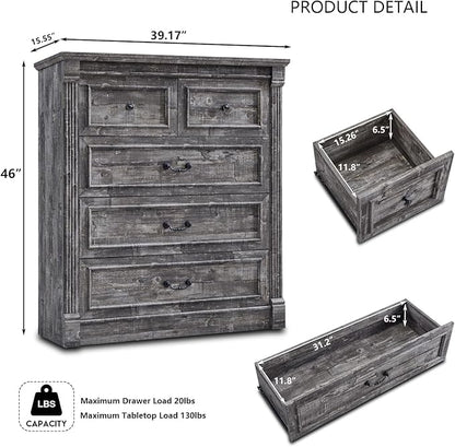 5 Drawers Dresser for Bedroom, Farmhouse 46" Tall Dressers & Chests of Drawers w/Roman Column, Wood Rustic Closet Dresser w/Two Different Drawer Sizes for Bedroom, Living Room, Light Grey