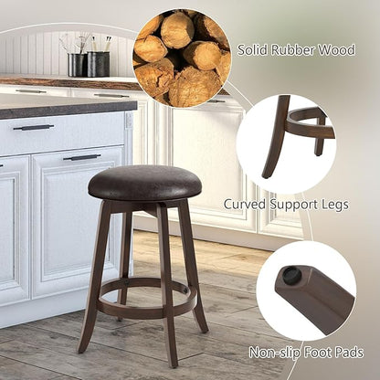 COSTWAY 24-Inch Swivel Bar Stools Set of 2, Upholstered Barstools w/PU Leather Seat & Solid Rubber Wood Legs, Mid-Century Backless Round Counter Height Stools w/Footrest for Kitchen Home Bar