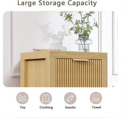 Modern 4-Drawer Solid Wood Dresser with Fluted Front & Gold Handles, Multifunctional Tall Storage Chest, for Hallway, Entryway, Natural