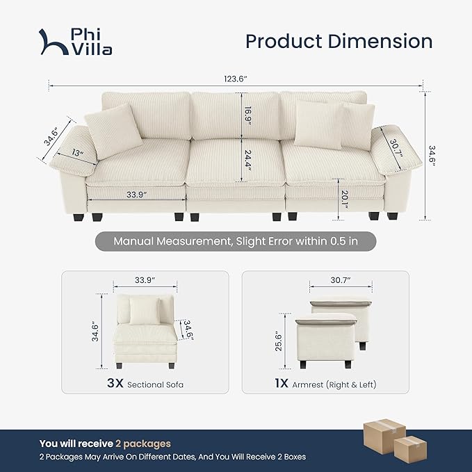 PHI VILLA Cloud Modular Couches Sets, 123.6" Long Sectional Sofa with Upholstered Deep Seat, 3-Seater Couch for Living Room Small Spaces, Chenille Corduroy Dual Fabric, Beige