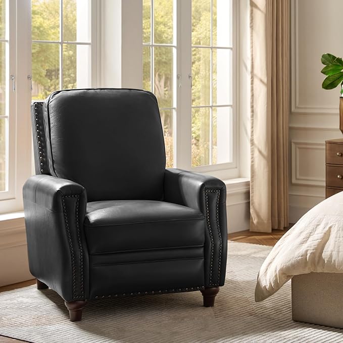 HULALA HOME Genuine Leather Recliner Chair Set of 2, Push Back Recliner Armchair with Thick Seat and Backrest(Black)