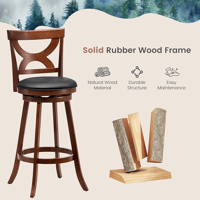 COSTWAY Bar Stools Set of 2, 30.5” 360-Degree Swivel Chairs with Soft Cushion & Elegant Hollow Backrest, Rubber Wood Footrests, Upholstered Swivel Bar Stools for Kitchen Island, Pub, Café (2, 30.5‘’)