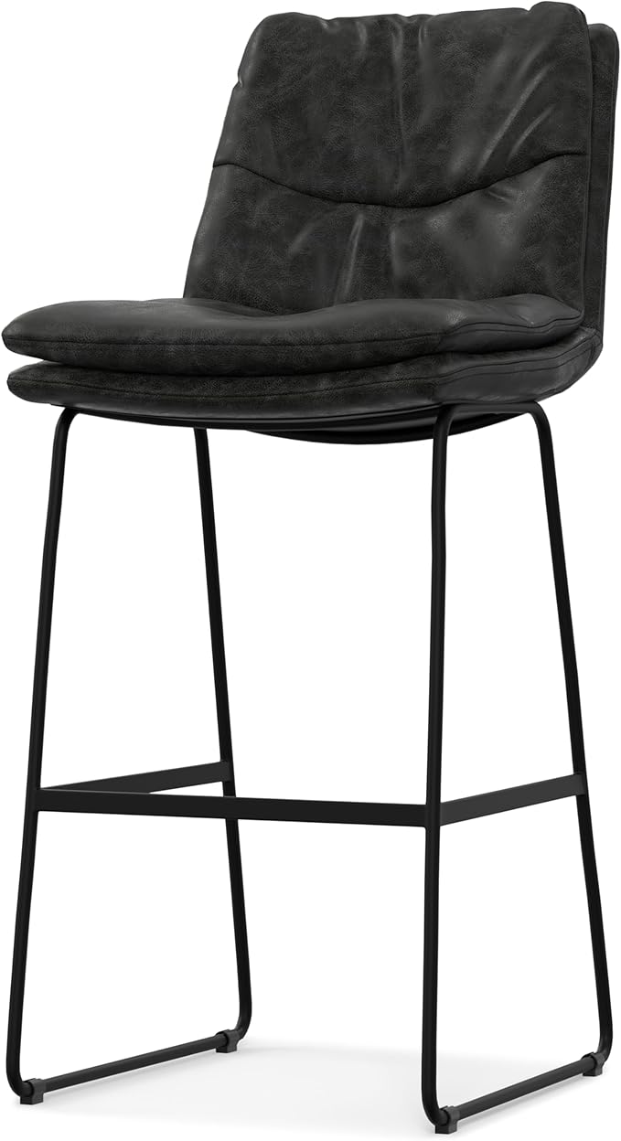 SIMPLIHOME Danika Bar Stools (Set of 2) - 29 inch Seat Height Upholstered Metal Bar Chairs in Distressed Charcoal Grey Vegan Faux Leather, Mid Century Seating for Kitchen with Tufted Pillow-Top Seat