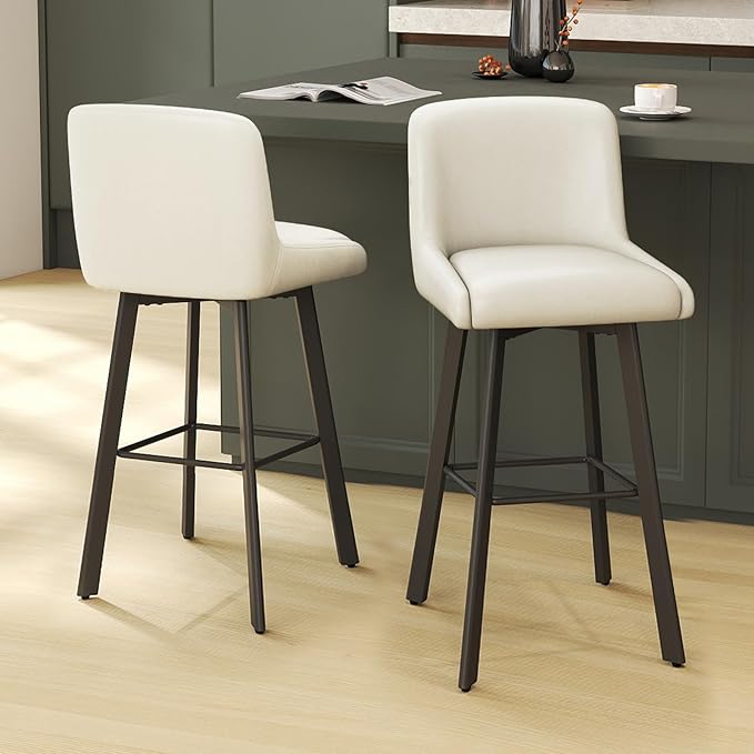 Swivel Bar Stools, 30''H Upholstered Barstools with Backs, Modern Counter Height Bar Stool Chairs for Kitchen Island, Metal Legs (Beige- Faux Leather, Set of 4-30" H)
