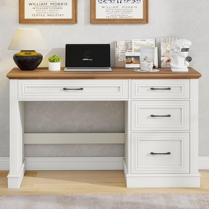 Vabches Farmhouse 47" Executive Desk, Computer Desk with Drawers and File Drawer, Workstation Computer Desk with Charging Station for Home Office,Study,Unique White.