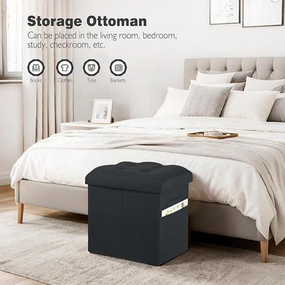 Storage Ottoman Foot Rest with Thicker Foam Padded Seat. 61L Slim Tall Small Bench with Storage. Linen Folding Footstool Bench for Living Room, Bedroom. 350lbs Load Capacity, 17x13x17in, Gray Black
