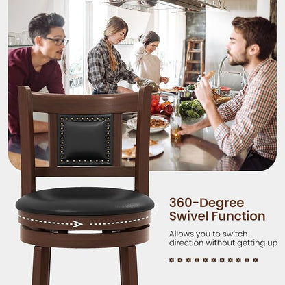 COSTWAY Bar Stool Set of 2, 25.5” Swivel Upholstered Counter Height Bar Stool with Curved Backrest & Cushioned Seat, Solid Rubber Wood Legs & Resting Footrest, for Kitchen Island (2, 25.5”)