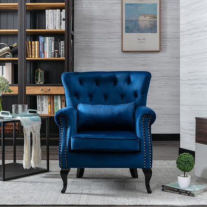 Accent Reading Arm Chairs Set of 2 for Living Room Bedroom, Midcentury Modern Comfy Corner Sofa Chair, Wingback Waiting Room Club Chair with Button Tufted Back &Lumbar Pillow, Velvet Blue