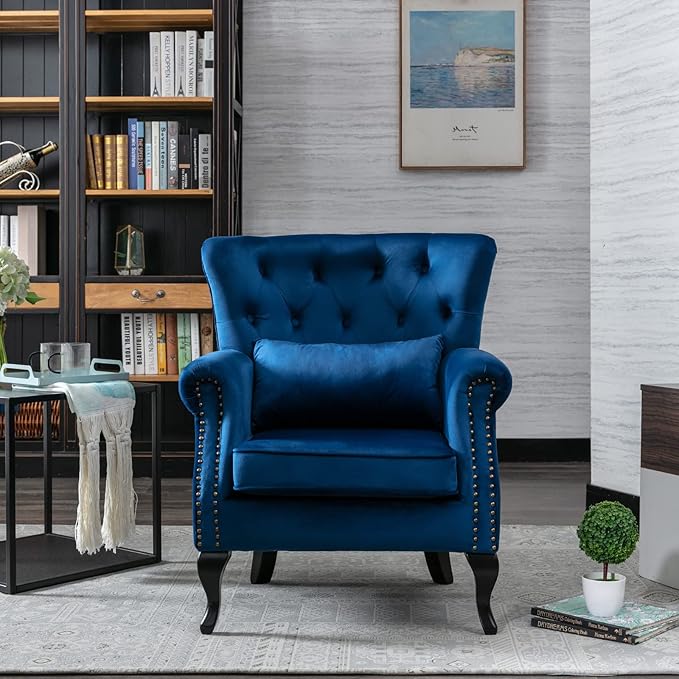 Accent Reading Arm Chairs for Living Room Bedroom, Midcentury Modern Comfy Corner Sofa Chair, Wingback Waiting Room Club Chair with Button Tufted Back &Lumbar Pillow, Velvet Blue