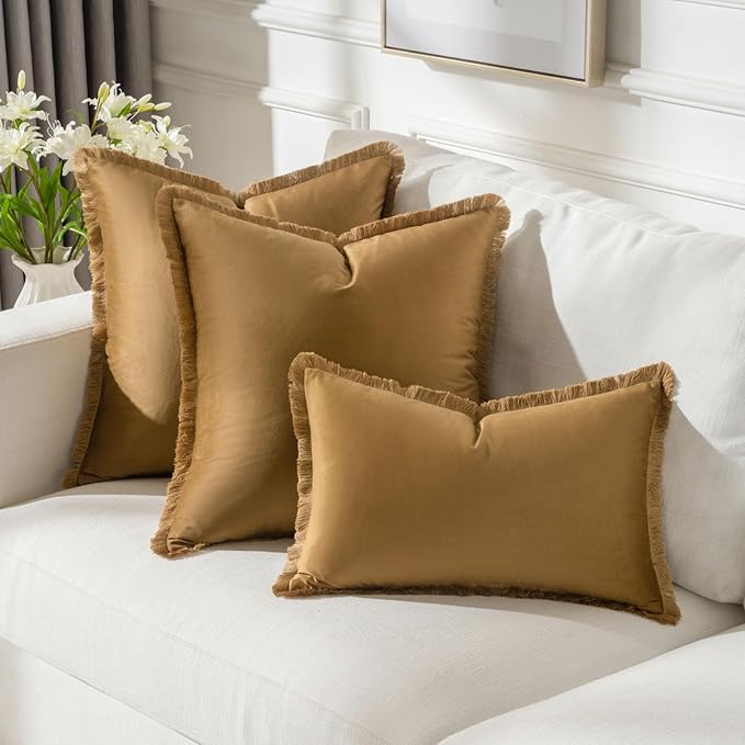 FUTEI Brown Velvet Decorative Throw Pillow Covers 16x16 Set of 2,Soft Cozy Edge with Tassels Cushion Case,Boho Modern Home Decor for Couch Bed Living Room