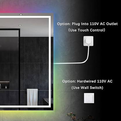 Awoco LED Bathroom Mirror, 55" x 36 Vanity Mirror with 8 Colors RGB Backlit and 3 Colors Front Light, Dimmable Anti-Fog Lighted Mirror, Memory Function, for Bathroom Wall